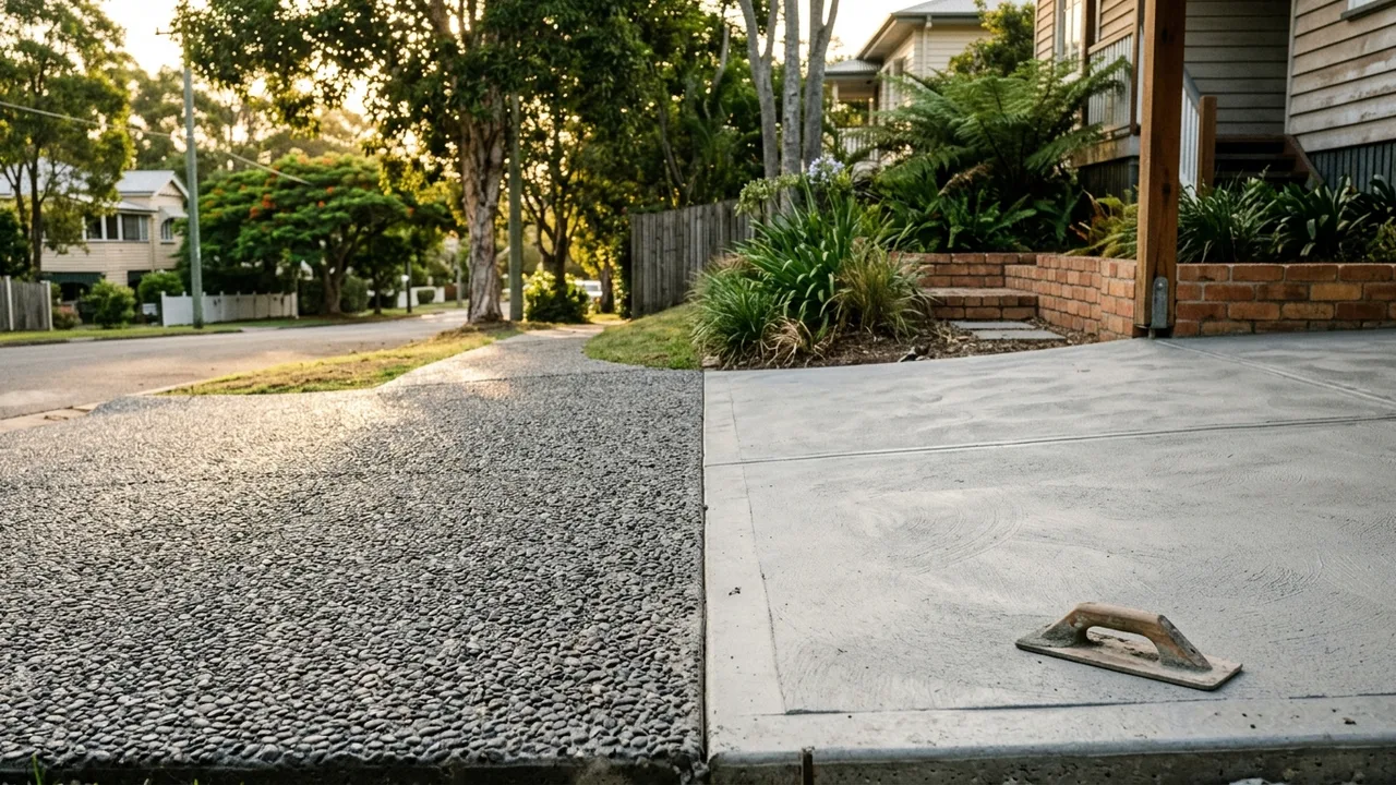 Brisbane concreting detail relevant to "Exposed aggregate or plain concrete: which suits a Brisbane western suburbs driveway?"