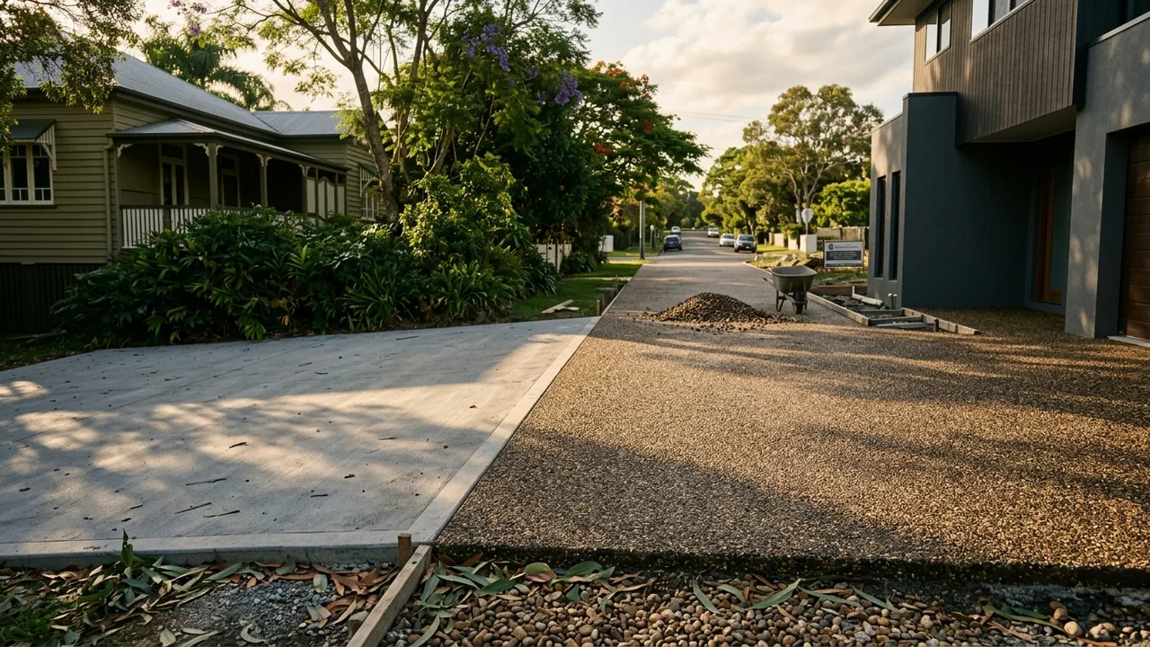 Brisbane concreting context shot for "Exposed aggregate or plain concrete: which suits a Brisbane western suburbs driveway?"