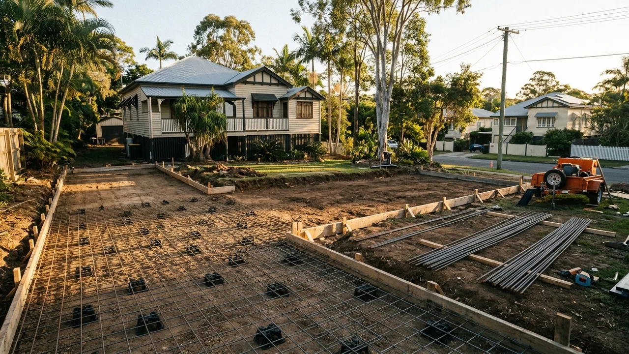 Brisbane concreting context shot for "Mesh, rebar, or fibres: what reinforcement does your slab actually need?"